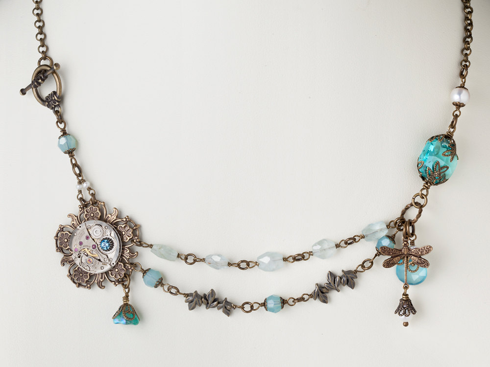 Steampunk Necklace silver watch movement gold flower leaf dragonfly pearl blue opal crystal aquamarine jewelry