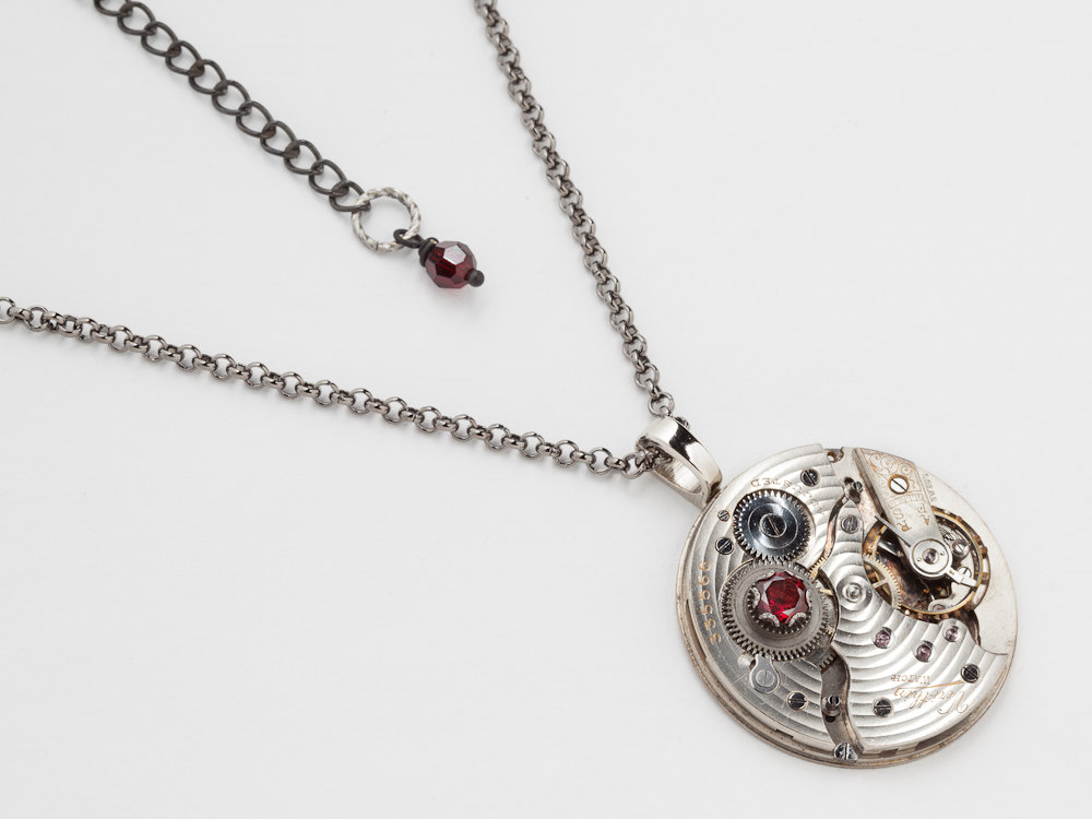 Steampunk Necklace silver watch movement gold gears genuine red garnet unisex mens womens pendant jewelry