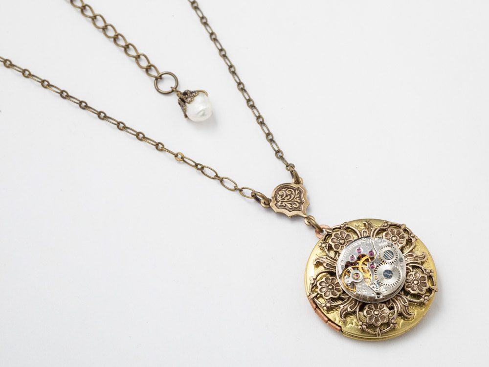 Steampunk Necklace silver watch movement gold locket pearl pendant flower filigree Statement necklace Steampunk jewelry