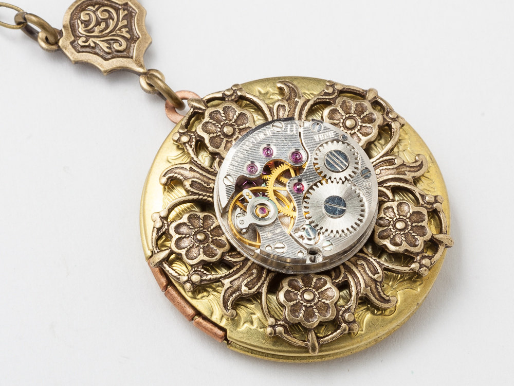 Steampunk Necklace silver watch movement gold locket pearl pendant flower filigree Statement necklace Steampunk jewelry