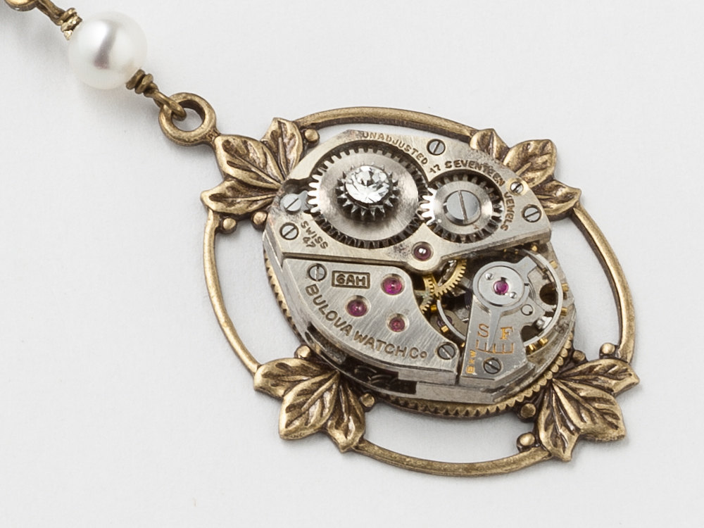 Steampunk Necklace silver watch movement pearls Swarovski crystal gold leaf pendant jewelry