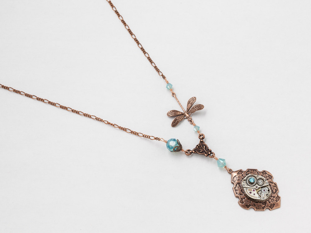 Steampunk Necklace silver watch movement with blue opal Swarovski crystal copper dragonfly pendant flower leaf jewelry