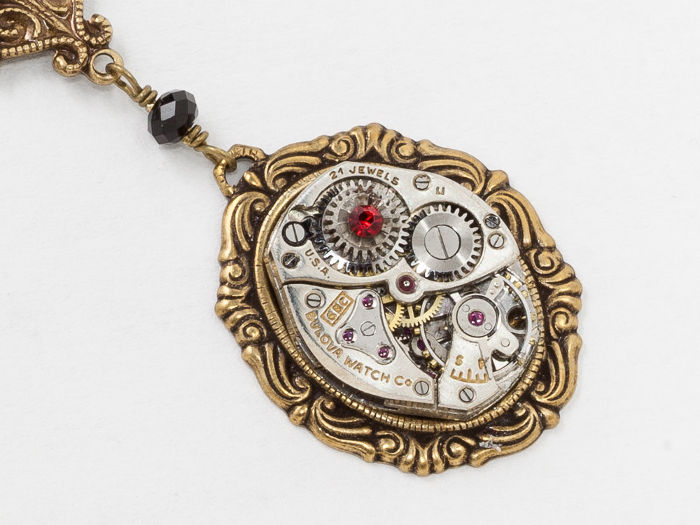 Steampunk Necklace Silver Watch Movement with Gold Filigree Butterfly Charm Black Crystal Beads Red Ruby Stone Jewelry