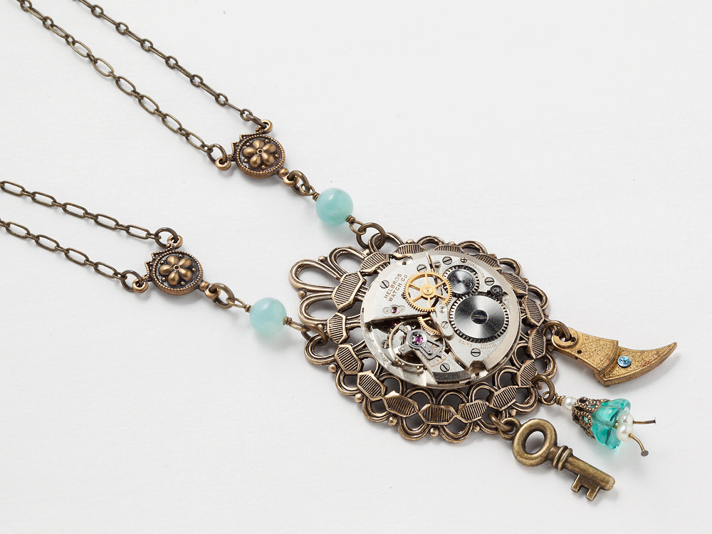 Steampunk Necklace silver watch parts movement gears gold filigree blue flower pearl skeleton key