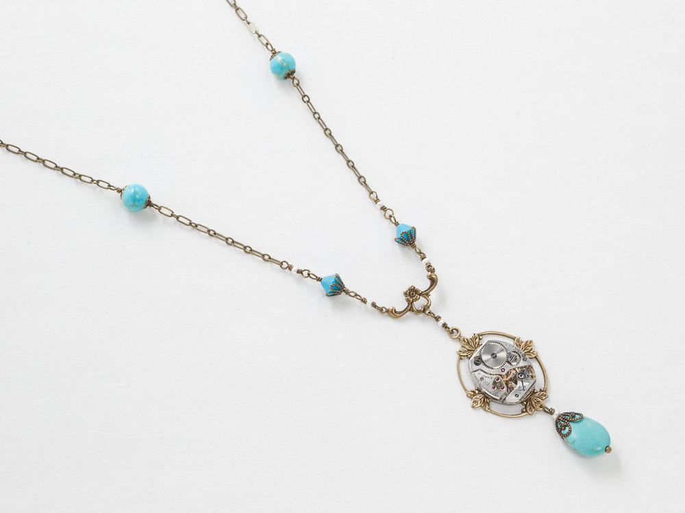 Steampunk Necklace Silver Watch with Pearls Blue Turquoise and Gold Flower Filigree Leaf Pendant Statement Necklace Jewelry