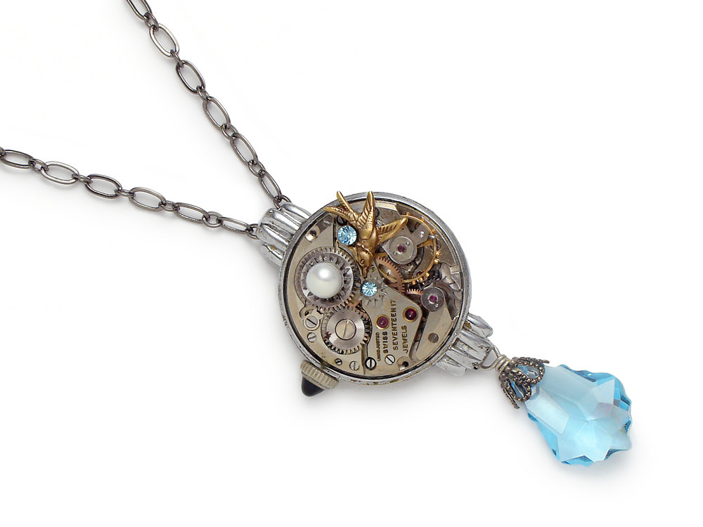Steampunk Necklace silver wristwatch gears antique Art Deco gold bird pearl blue swarovski crystal