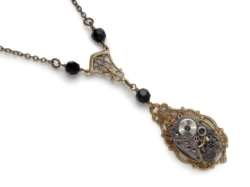 Steampunk Necklace silver wristwatch gears gold filigree antique 1920 faceted black crystal beads