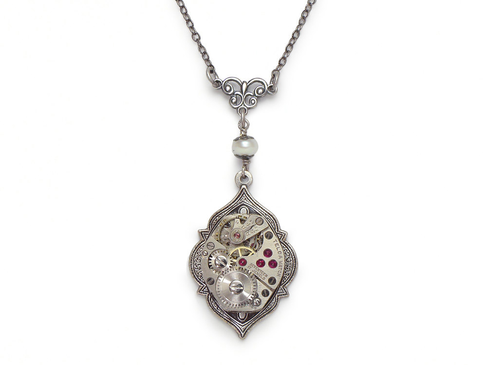 Steampunk Necklace silver wristwatch movement antique 1940 filigree genuine pearl pendant design