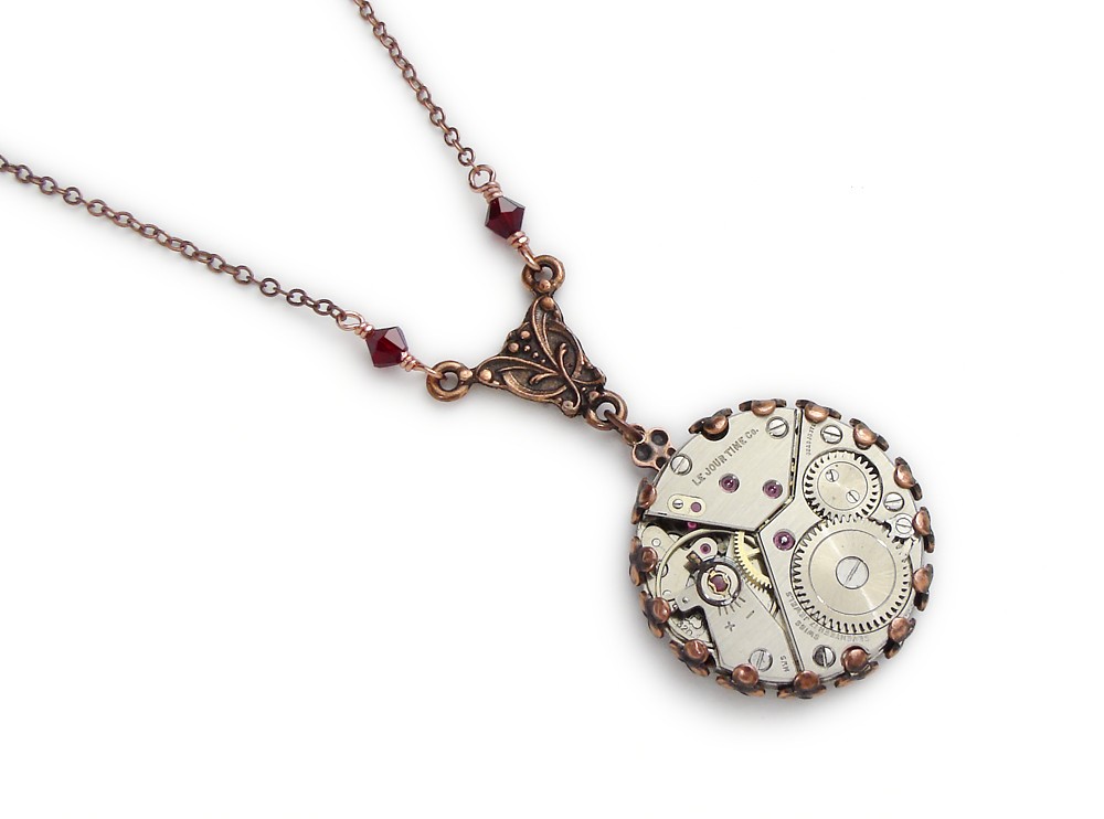 Steampunk Necklace silver wristwatch movement gears antique 1950 17 ruby jewel antiqued copper filigree bezel setting with red Swarovski crystal beads vintage pendant