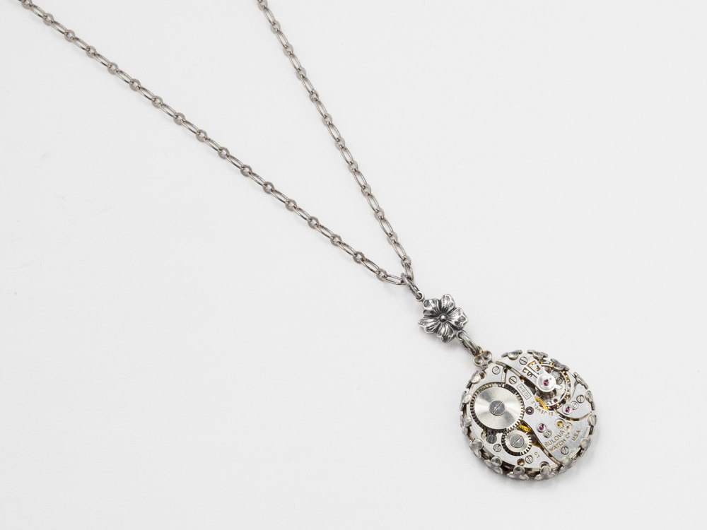 Steampunk Necklace Steampunk Jewelry Bulova watch movement gears silver flower filigree bezel pendant Statement Necklace womens