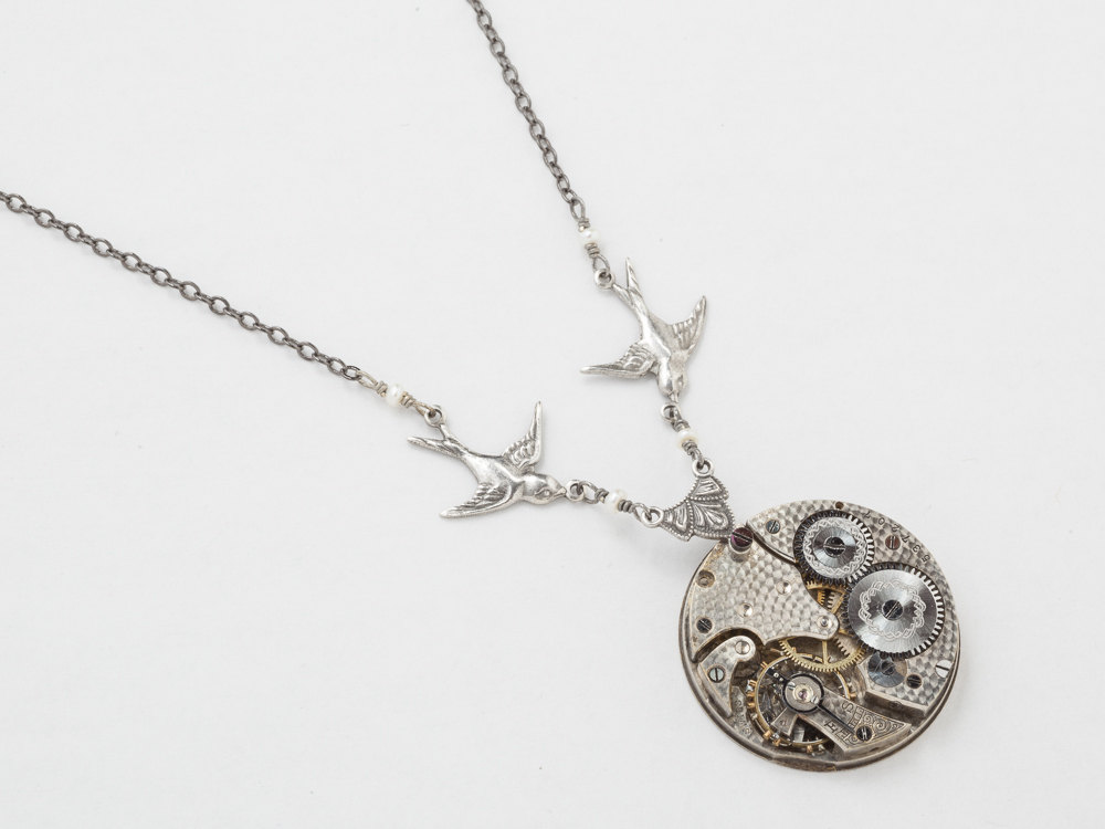Steampunk Necklace Steampunk Jewelry Pocket watch movement gears silver leaf swallow bird genuine pearls Statement Necklace