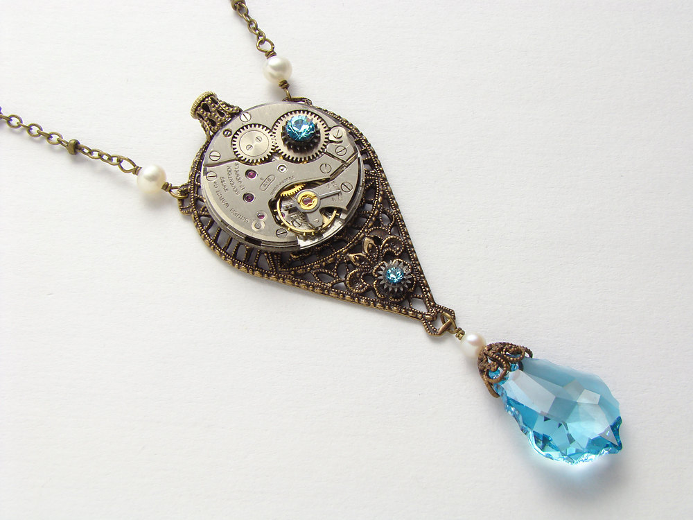 Steampunk Necklace Steampunk Jewelry silver watch movement blue aquamarine crystal pearl Victorian flower gold filigree