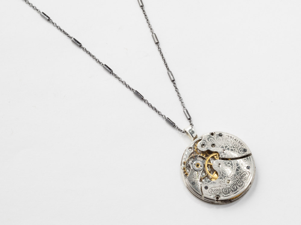 Steampunk Necklace Steampunk jewelry Waltham pocket watch movement engraved silver flower pendant Statement necklace