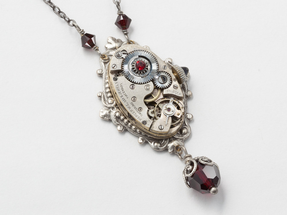 Steampunk Necklace Steampunk jewelry watch movement garnet red crystal silver filigree leaf Statement Necklace