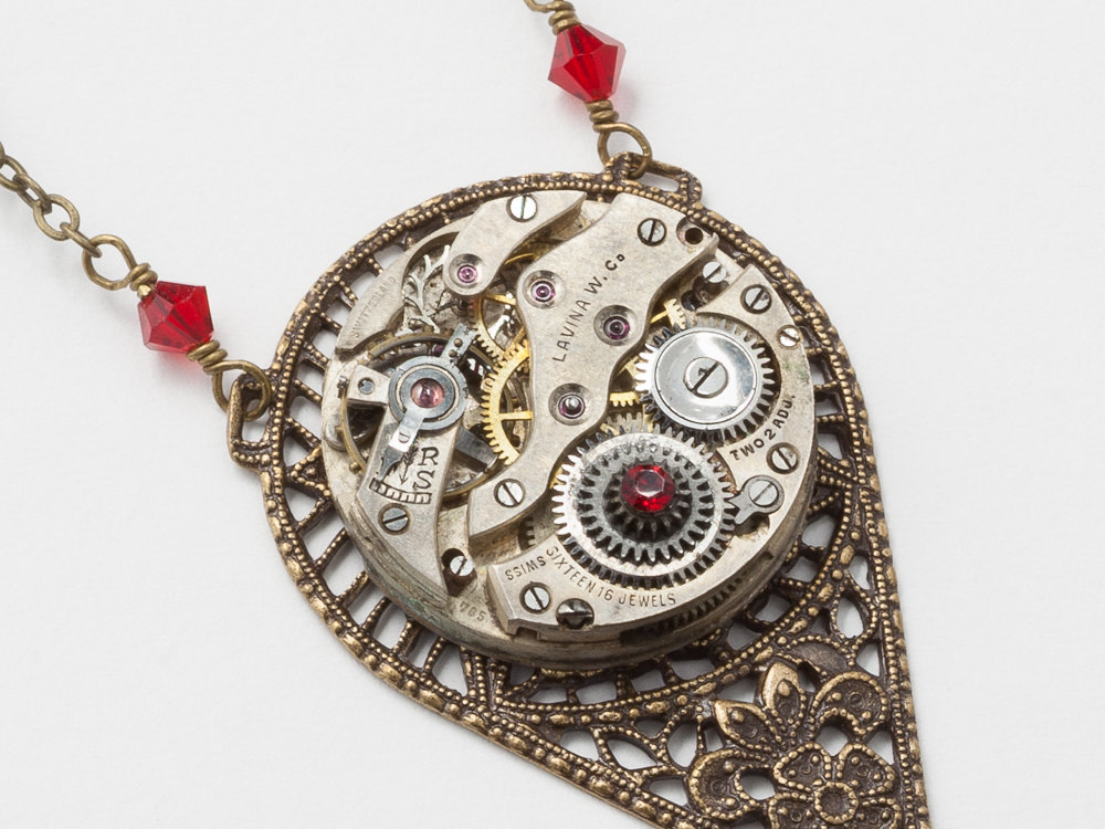 Steampunk Necklace Steampunk jewelry watch movement gear ruby red Swarovski crystal Victorian gold flower filigree