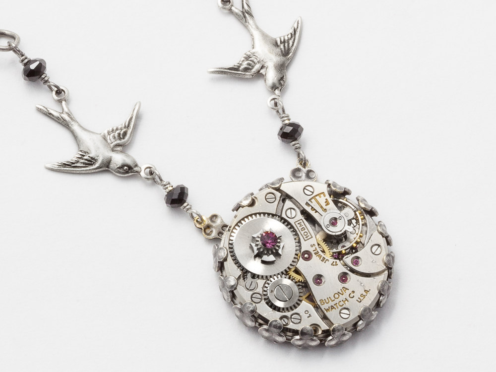 Steampunk Necklace Steampunk Jewelry watch movement gears silver filigree purple black Swarovski crystal bird