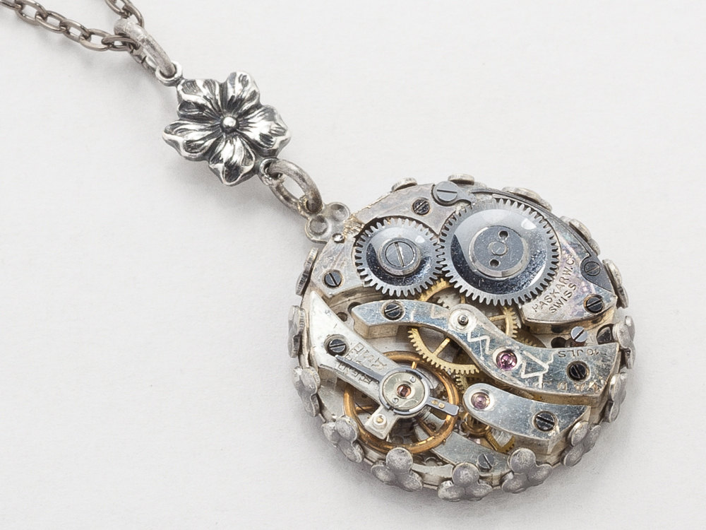 Steampunk Necklace Steampunk Jewelry watch movement gears silver flower filigree Victorian pendant Statement Necklace