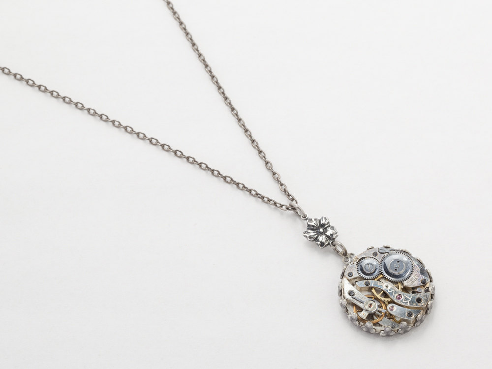 Steampunk Necklace Steampunk Jewelry watch movement gears silver flower filigree Victorian pendant Statement Necklace