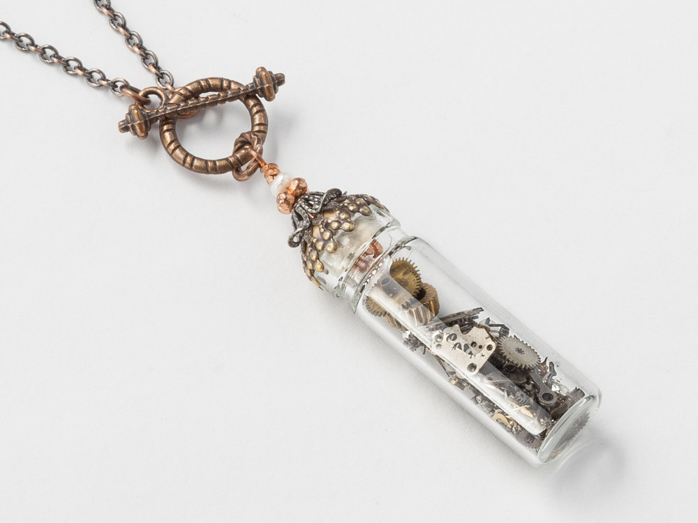 Steampunk Necklace Steampunk Jewelry watch parts gears silver skeleton key glass vial bottle pearl copper gold filigree