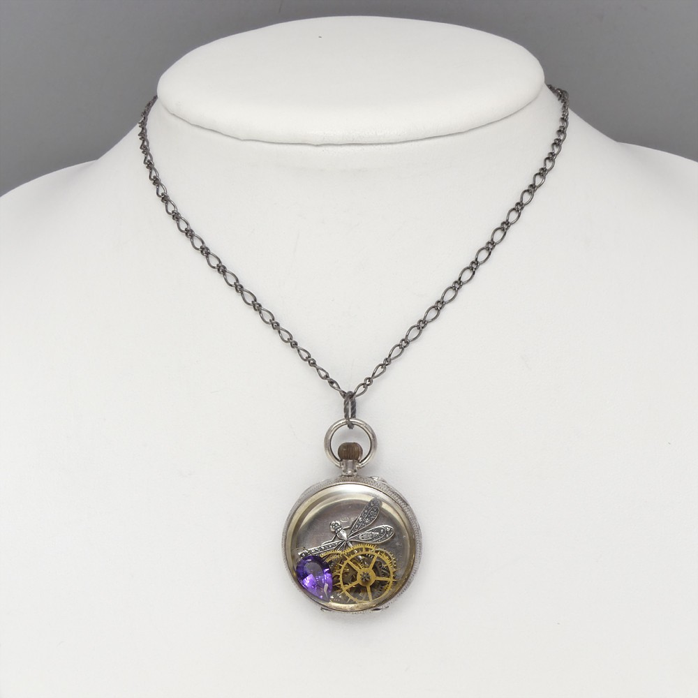 Steampunk Necklace sterling silver antique watch case gears circa 1890 hand engraved floral motif with silver dragonfly genuine faceted pear shape amethyst vintage pendant