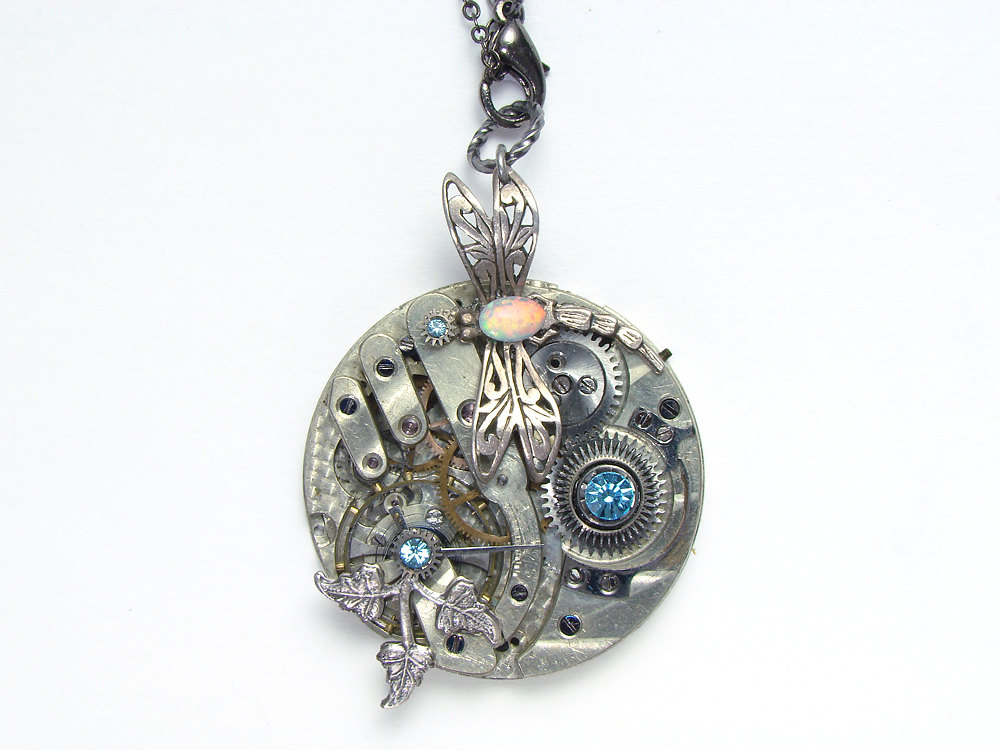 Steampunk Necklace sterling silver dragonfly watch movement gears opal blue Swarovski crystal leaf slide chain