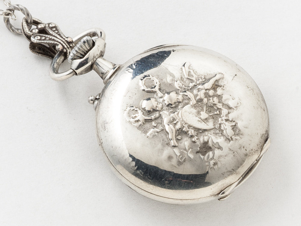 Steampunk Necklace Sterling Silver pocket watch case gears cherubs gold bumble bee pendant Amethyst locket necklace jewelry