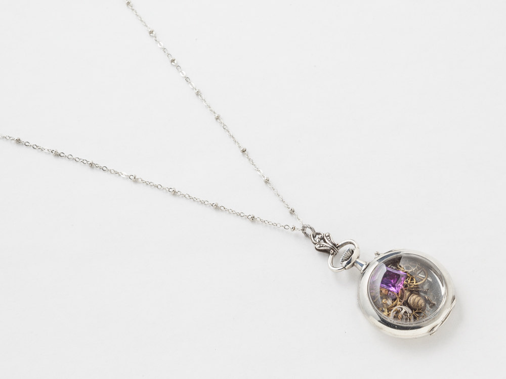 Steampunk Necklace Sterling Silver pocket watch case gears cherubs gold bumble bee pendant Amethyst locket necklace jewelry