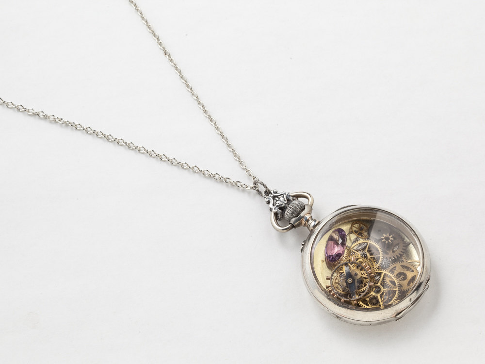 Steampunk Necklace Sterling Silver pocket watch movement case gears bird charm Amethyst pendant locket necklace jewelry