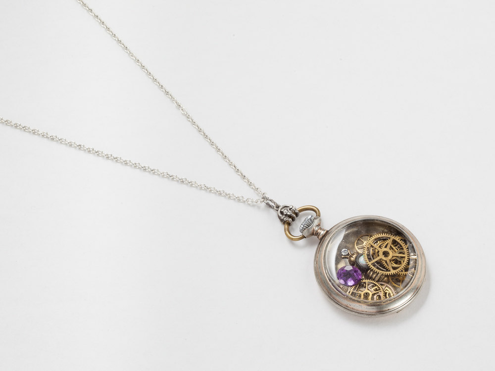 Steampunk Necklace Sterling Silver pocket watch movement case gears with Amethyst Opal locket gold bumble bee pendant necklace