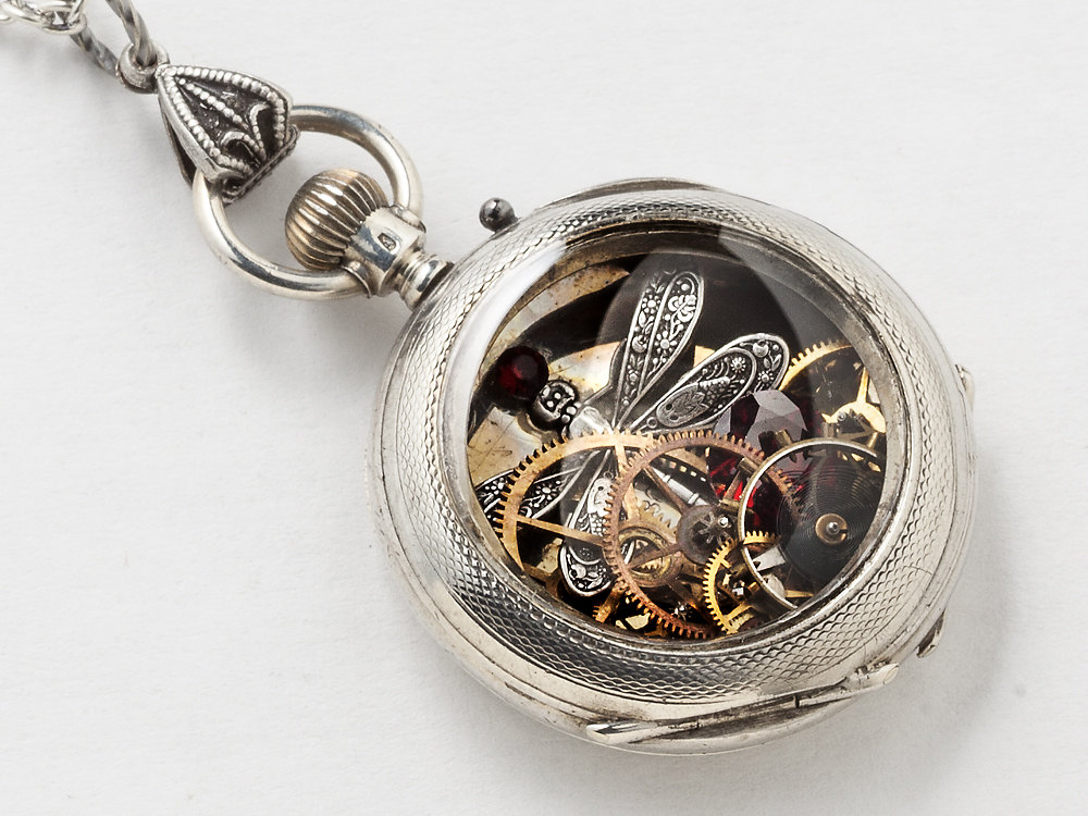 Steampunk Necklace Sterling Silver pocket watch movement case with gears dragonfly charm red garnet crystal locket