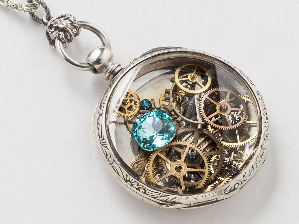 Steampunk Necklace Sterling Silver pocket watch movement case with gears gold Bee charm Blue Topaz crystal locket