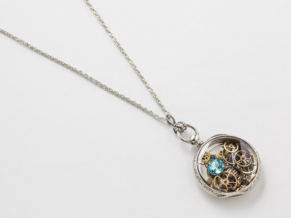 Steampunk Necklace Sterling Silver pocket watch movement case with gears gold Bee charm Blue Topaz crystal locket