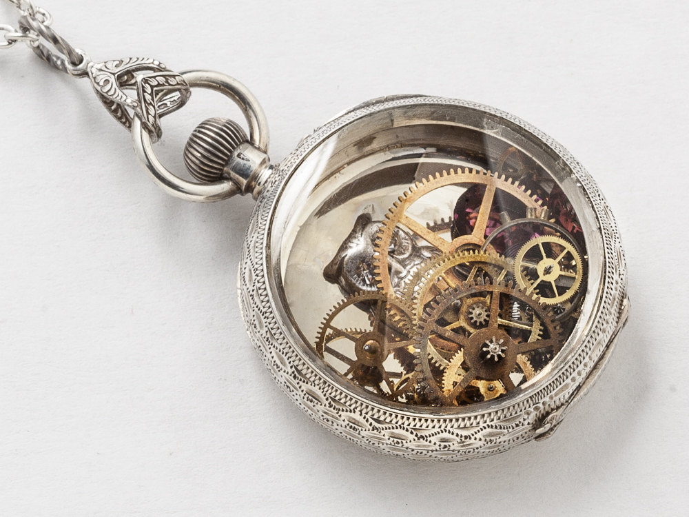 Steampunk Necklace Sterling Silver pocket watch movement case with gears owl Amethyst flower leaf engraved locket