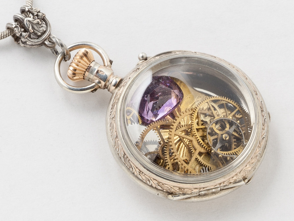 Steampunk Necklace Sterling Silver rose gold pocket watch case gears gold butterfly pendant Amethyst locket necklace jewelry