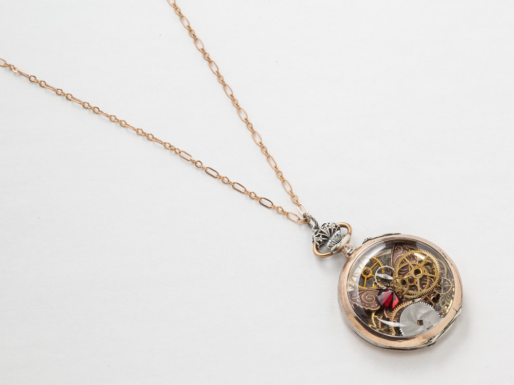 Steampunk Necklace Sterling Silver Rose Gold pocket watch case gears Red Garnet crystal and butterfly charm locket