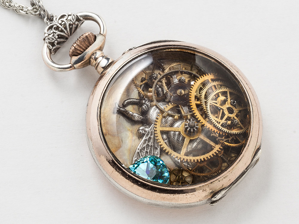 Steampunk Necklace Sterling Silver Rose Gold pocket watch case gears with Blue Topaz crystal bumble bee charm locket
