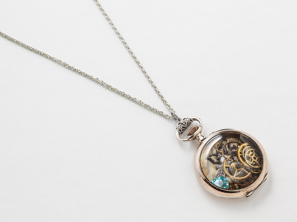 Steampunk Necklace Sterling Silver Rose Gold pocket watch case gears with Blue Topaz crystal bumble bee charm locket