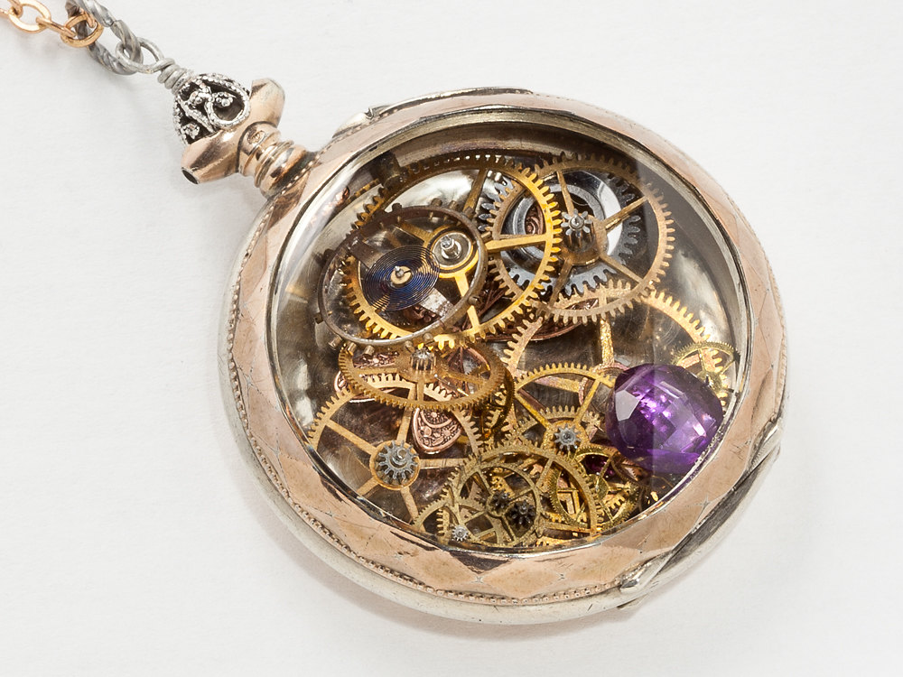 Steampunk Necklace Sterling Silver Rose Gold Vermeil pocket watch case with gears filigree dragonfly pendant Amethyst locket
