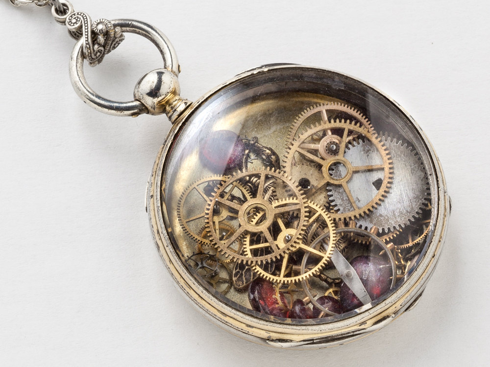 Steampunk Necklace Sterling Silver Victorian pocket watch movement case with gears red garnet gold bumble bee locket