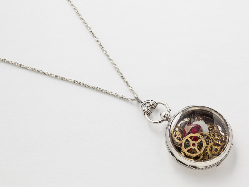 Steampunk Necklace Sterling Silver Victorian pocket watch movement case with gears red ruby gold butterfly locket