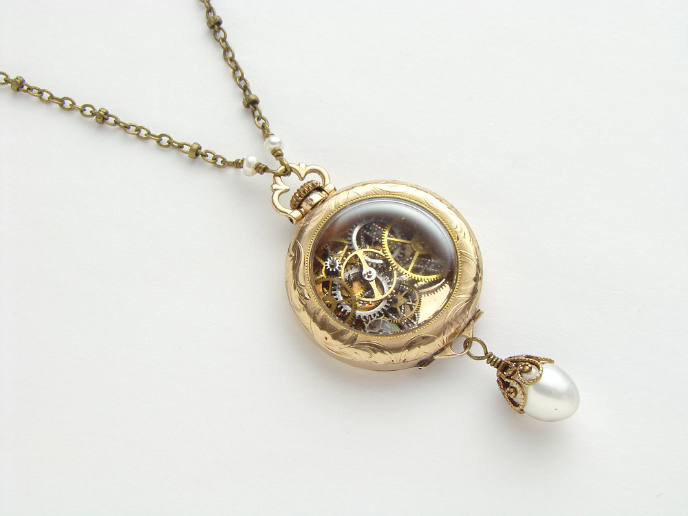 Steampunk Necklace Victorian 14k gold filled watch case gears silver butterfly pearl opal flower
