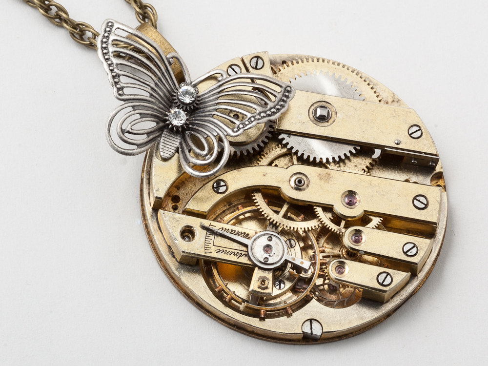 Steampunk Necklace Victorian gold pocket watch movement gears silver butterfly crystal Steampunk jewelry