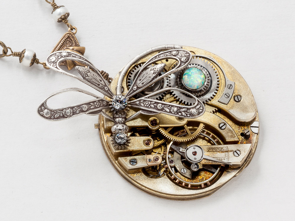 Steampunk Necklace Victorian gold pocket watch movement with gears pearl Opal Swarovski crystal and silver dragonfly