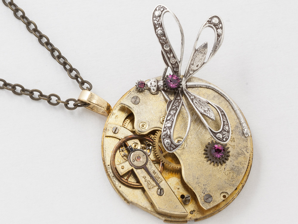 Steampunk Necklace Victorian Gold Pocket Watch Movement with Purple Amethsyt Crystal set in Steel Gears and Silver Dragonfly