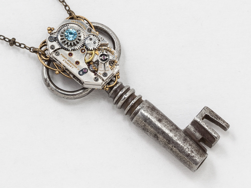 Steampunk Necklace Victorian Skeleton Key pendant with Watch Movement and Blue Aquamarine Crystal Gold Filigree Statement Necklace