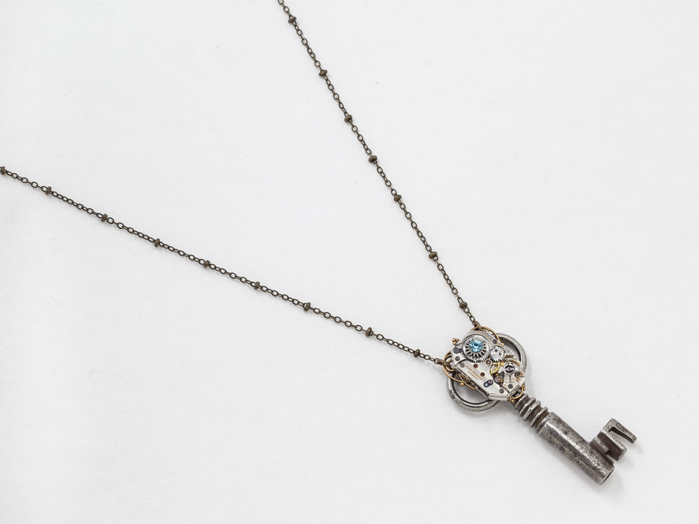 Steampunk Necklace Victorian Skeleton Key pendant with Watch Movement and Blue Aquamarine Crystal Gold Filigree Statement Necklace