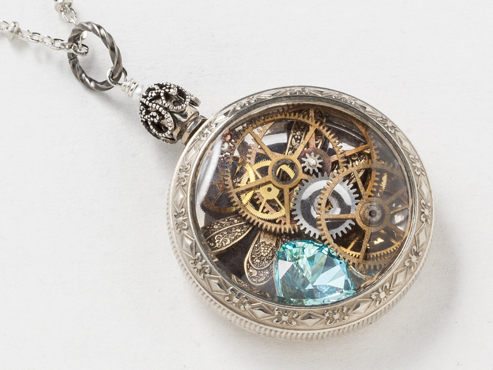 Steampunk Necklace Victorian Sterling Silver pocket watch case with gears gold dragonfly Blue Topaz crystal locket