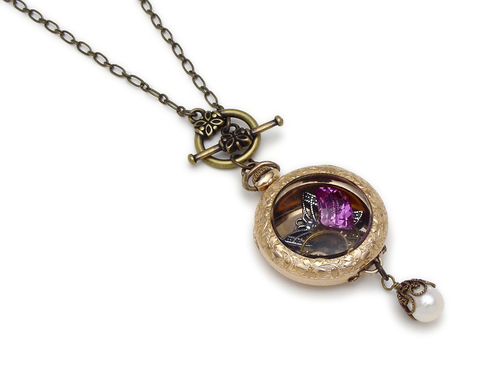 Steampunk Necklace Victorian watch case watch parts gears antique 1900 14k gold filled silver butterfly pink tourmaline genuine pearl gold filigree engraved flower leaf motif vintage pendant