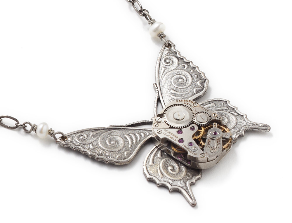 Steampunk Necklace vinatge watch movement gears silver butterfly genuine pearls pendant jewelry