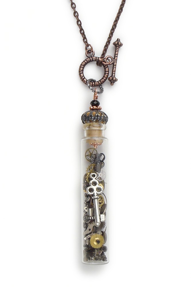 Steampunk Necklace vintage glass vial antique watch parts gears skeleton key time in a bottle black Swarovski crystal antiqued silver filigree copper pendant
